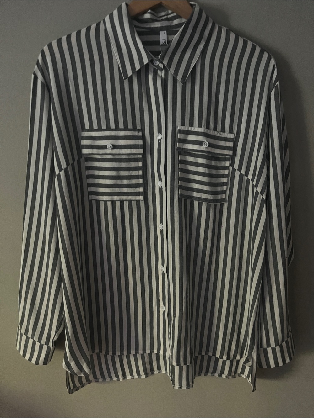 Women's Black and White Vertical Stripe Button-Down Shirt